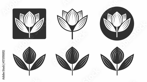 Illustration showing six stylized lotus flower icons in different arrangements and backgrounds in black and white | editable eps vectors silhouette