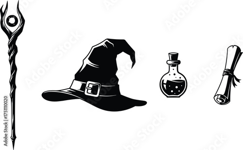 Magical staff drawing, wizard hat illustration, potion bottle vector, ancient scroll sketch, fantasy magic objects, mystical symbols, cad drawing flat vector illustration