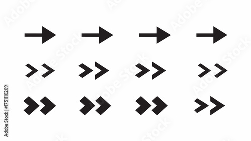 Free Download A collection of forward pointing arrow icons with single and double arrowheads arranged in rows and columns | editable eps vectors silhouette - GFXLoad