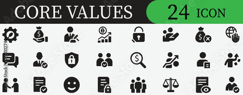 Business, corporate, teamwork, leadership, success, growth, trust, integrity, responsibility, innovation, and core values icon set vector
