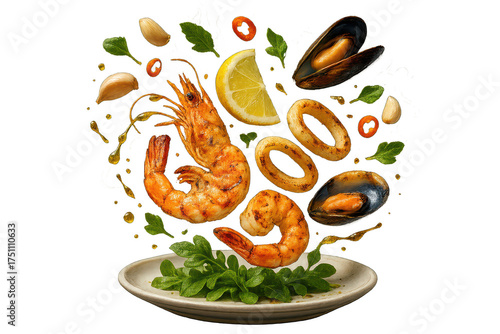 Wallpaper Mural Grilled shrimp, mussels, calamari, lemon, herbs on transparent background. Torontodigital.ca
