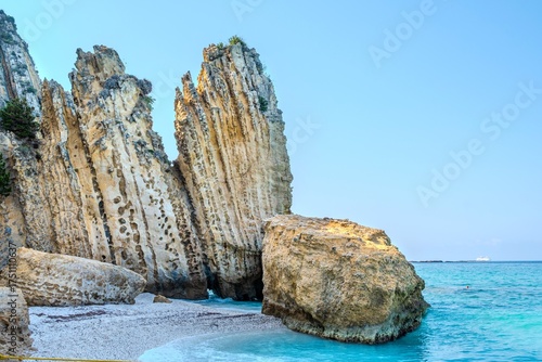 Vertical Rock Formations and Turquiose Sea at White Rocks Beach, Kefalonia, Greece