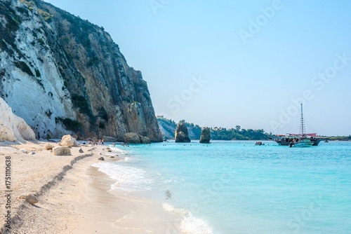 Close-up View of the Towering White Cliffs and Turquoise Water at White Rocks Beach, Kefalonia, Greece