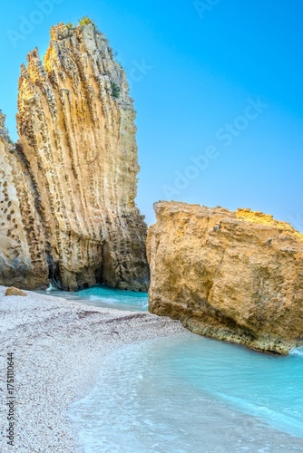 Striking Vertical Rock Strata and White Pebble Shoreline with Turquoise Water, White Rocks, Kefalonia