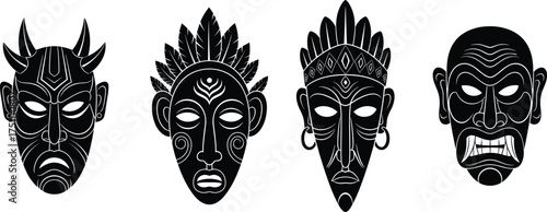 Tribal mask silhouettes, ceremonial cultural artwork, traditional ritual masks, ethnic face designs, black silhouette illustration, decorative tribal art, cad drawing flat vector illustration