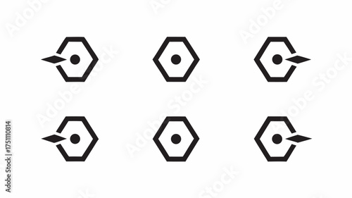 Six black geometric shapes with a dot inside and some with a triangle attached to the side present | editable eps vectors silhouette