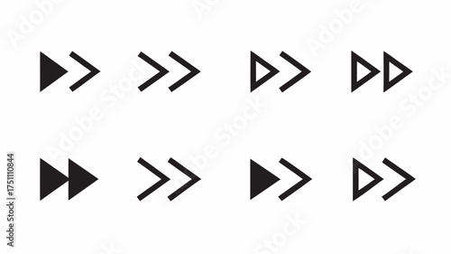 Illustration of eight black forward arrow symbols arranged in two rows on a white background surface | editable eps vectors silhouette
