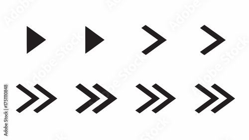 Black arrows in increasing multiplicity pointing to the right on a white background in a single row | editable eps vectors silhouette