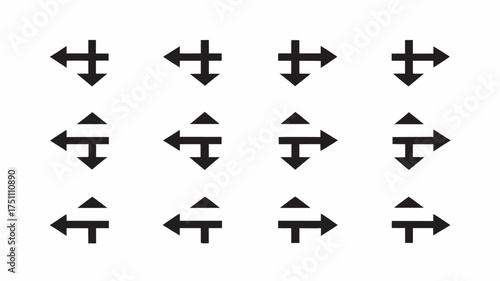 Presentation of twelve black arrow symbols in a grid pattern on a white background with simple design | editable eps vectors silhouette