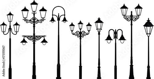 Vintage street lamp silhouettes, ornate lantern pole designs, classical urban lighting, decorative retro streetlights, black silhouette artwork, cad drawing flat vector illustration