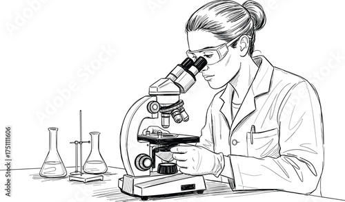 Female scientist working in laboratory with microscope, research illustration, science experiment, medical study, biology, chemistry, innovation, education, technology concept