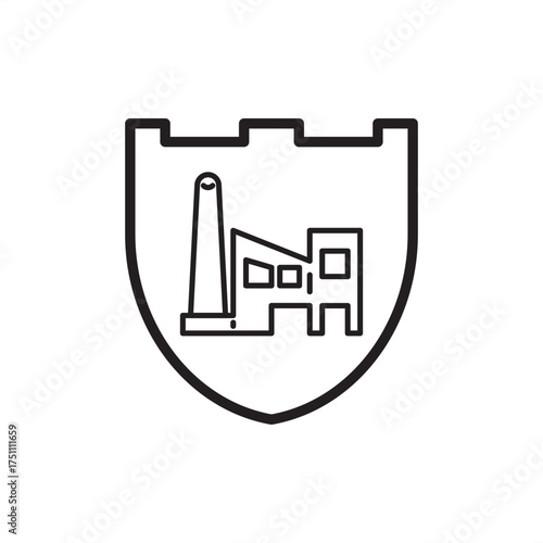 Industrial security icon showing factory protection shield, representing cybersecurity, safety systems, data protection, access control, and secure infrastructure for modern industrial environments.