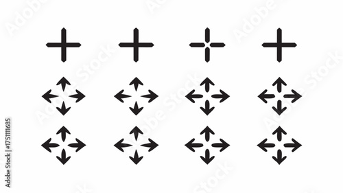 Twelve black arrow icons arranged in a rectangular grid with plus sign and arrow point variations | editable eps vectors silhouette