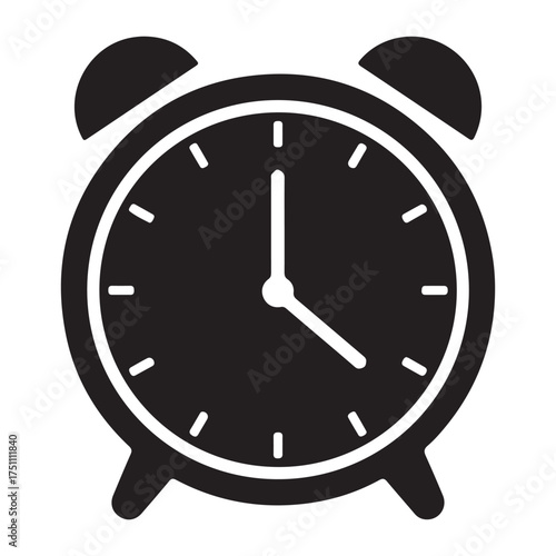 Classic Alarm Clock Icon for Time Management and Wake Up Call Reminders in Black and White Design