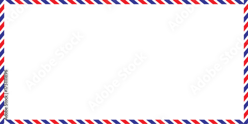 Airmail Envelope frame images with strips. International vintage letter border. Retro air mail postcard with blue and red stripes.  Empty classic postal frame. Vector illustration