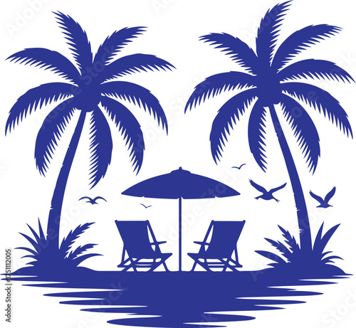 Tropical beach scene with palm trees and chairs
