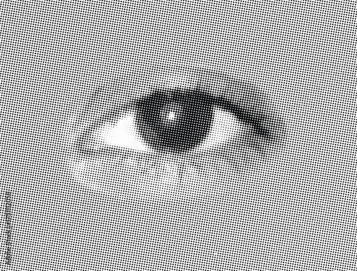 Human eye iris pupil black white halftone dots vector.
