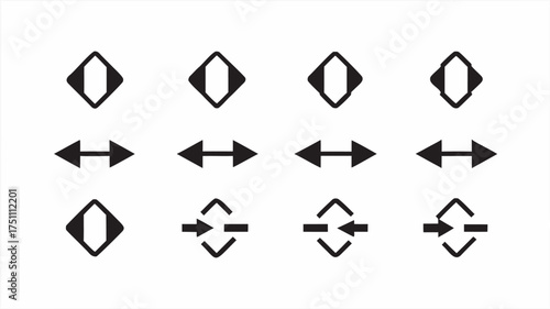 A collection of black and white icons featuring arrows and diamond shapes in various configurations and styles | editable eps vectors silhouette