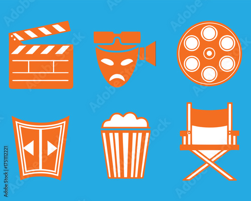 Orange and white cinema and theater icons: clapperboard, film reel, popcorn, director's chair, camera, and stage elements.