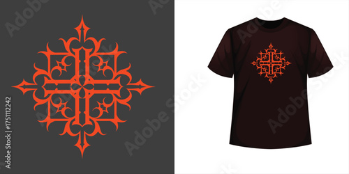 Orange ornate gothic cross design showcased on a black t-shirt, plus the versatile standalone symmetrical decorative graphic element.