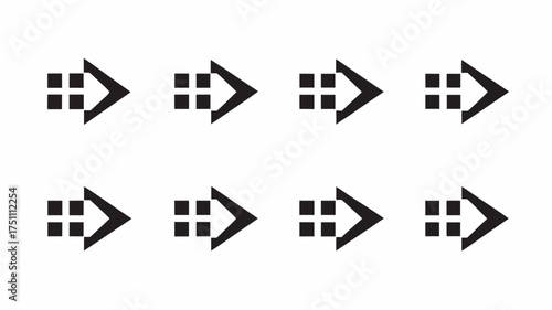 Black arrows pointing right with square patterns arranged in a grid formation on a white background | editable eps vectors silhouette