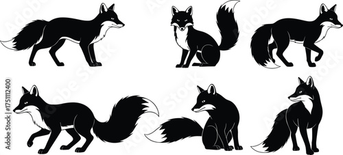 Fox silhouettes in various poses, wild animal vector artwork, forest wildlife illustration, nature predator design, cad drawing flat vector illustration artwork