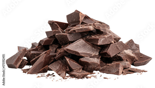Pile of dark chocolate chunks, broken, scattered, against a pure black background