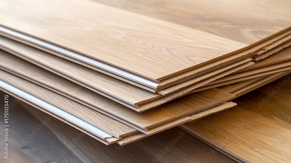 Fototapeta premium Close-up of new wooden floor planks stacked for installation, showcasing the natural grain, texture, and tongue-and-groove design for easy assembly.