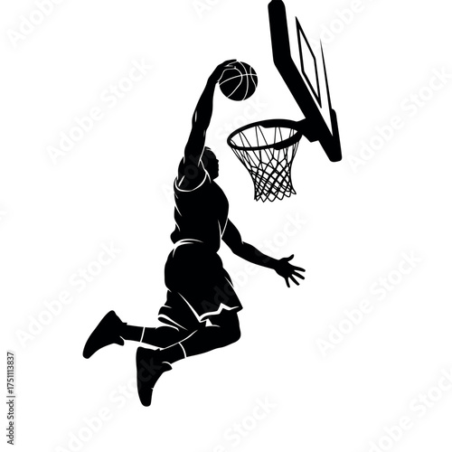 A vector illustration vector art of basketball player silhouette dunking the ball into the hoop