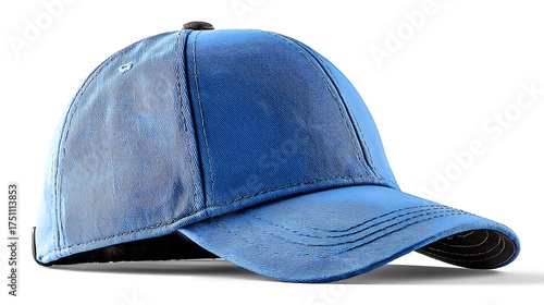 A close up of a blue baseball cap on a white surface with good lighting
