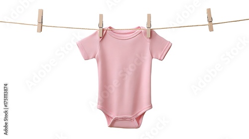 A pink baby onesie hanging on a clothesline with wooden clothespins attached