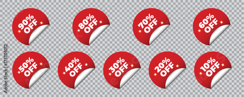 Set of red vector business stickers with discounts. 20%, 30%, 40%, 50%, 60%, 70%, 80%, 90% off. Black Friday sale elements, advertising labels, and promotion tags