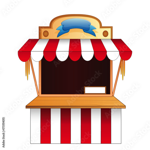Vector market stall booth with red and white striped canopy, wooden counter, empty shop stand isolated on transparent background, design for street food, fair, festival, market and pop-up store illust