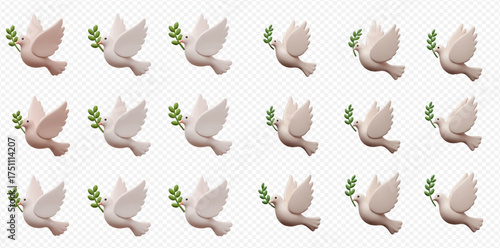 Peaceful doves carrying olive branches in a grid pattern.