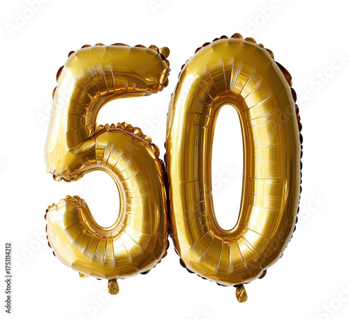 Shiny, golden foil balloons forming the number fifty against black background