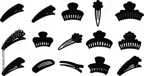 Hair clips and combs silhouettes collection, fashion accessories vector artwork, beauty salon illustration, stylish grooming design, cad drawing flat vector illustration