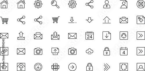 Minimal line icon set for web interface, business, communication, file sharing, cloud storage, and digital technology design