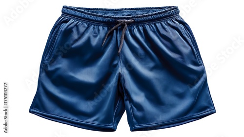 A pair of blue athletic shorts with a drawstring on a white background