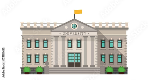 A vector illustration vector art of front view of a classical university building with columns and windows