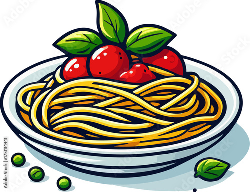Spaghetti Plate Vector – Cartoon Italian Pasta with Tomato and Basil, Bold Outline Illustration