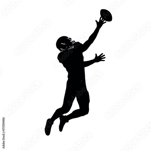 A vector illustration vector art of silhouette of an american football player jumping to catch the ball