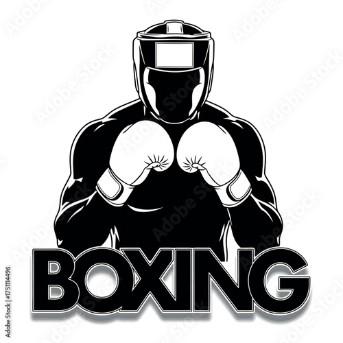 A vector illustration vector art of black and white illustration of a boxer in a fighting stance with boxing gloves