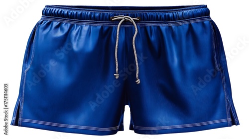A pair of blue athletic shorts with a drawstring on a white background
