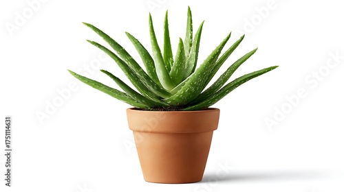 A potted aloe vera plant with green leaves on a white isolated background