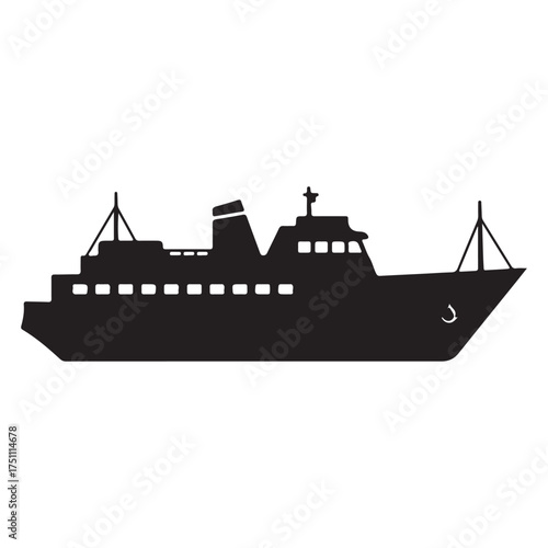 Ferry Boat Silhouette on White Background Illustration of Marine Transport for Tourism and Travel Across Ocean Waters