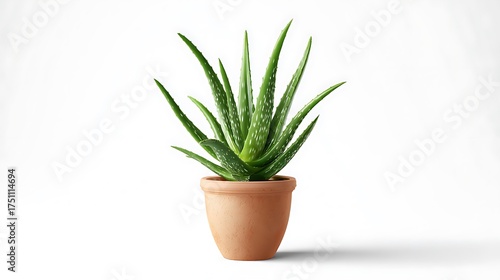 A single aloe vera plant in a terracotta pot against a white background