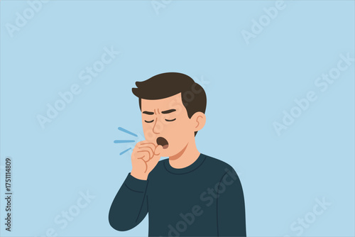 Flat vector illustration of a young man coughing with his fist in front of his mouth. Appears to be sick or suffering from a cold.