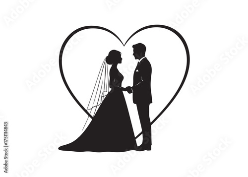 Vector art of silhouette of a bride and groom in front of a heart