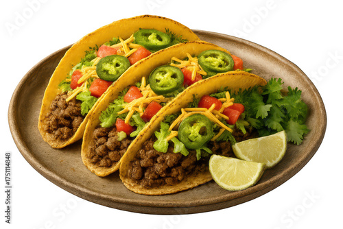 Three delicious hard shell tacos with fresh ingredients isolated on transparent background.