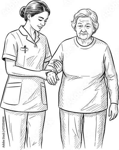 Nurse assisting elderly woman walking, senior healthcare support illustration, caregiver helping patient sketch, compassion in medical care, aging support artwork